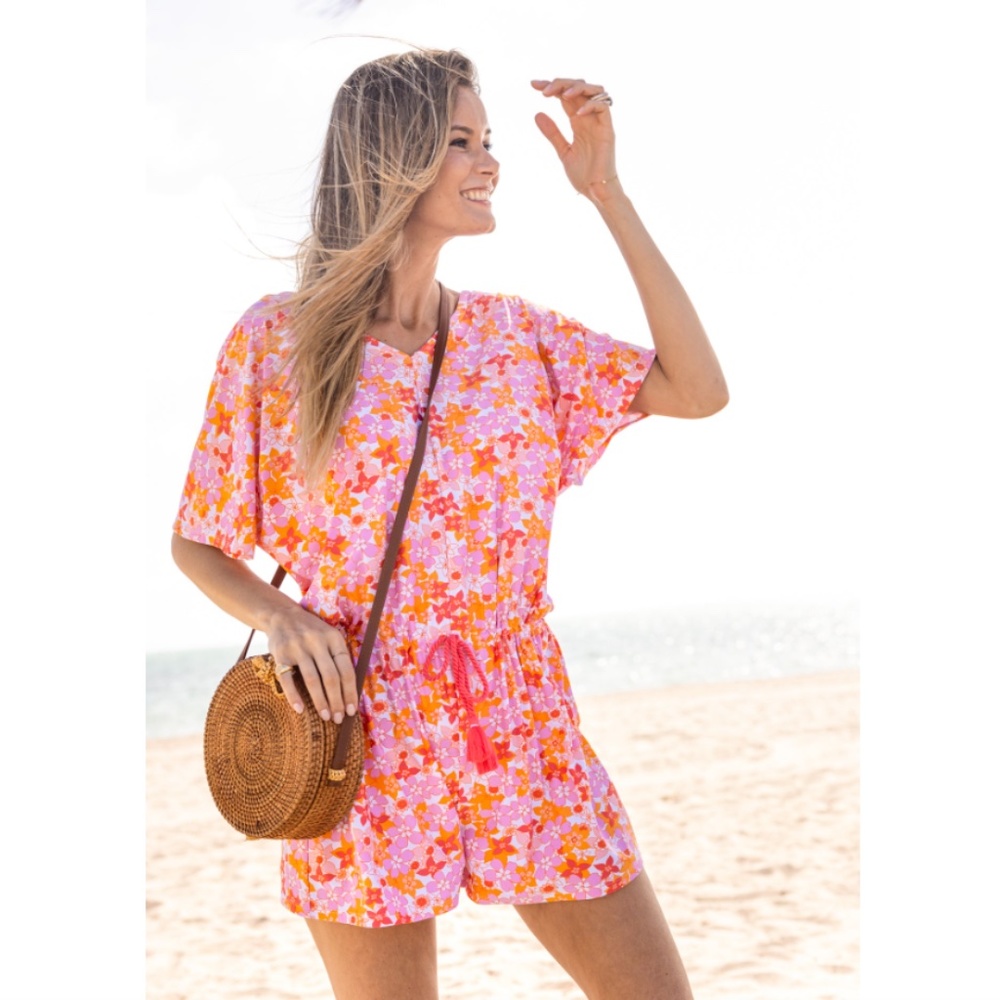 Cabana Life Pink Floral Retro Print Dolman Sleeve Romper